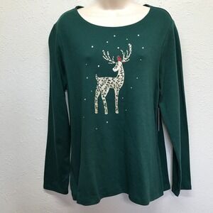 Croft & Barrow Classic Tee Womens Petite XL Green Christmas Reindeer Long Sleeve